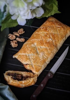 A picture of Mushroom Wellington with Garlic and Walnuts.