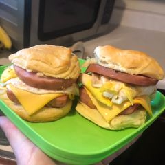 A picture of Smoked sausage n Canadian bacon Breakfast sandwiches.