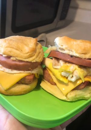 A picture of Smoked sausage n Canadian bacon Breakfast sandwiches.