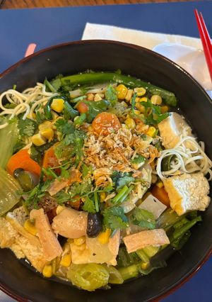 A picture of Vegetarian Hủ Tiếu Noodle Soup.