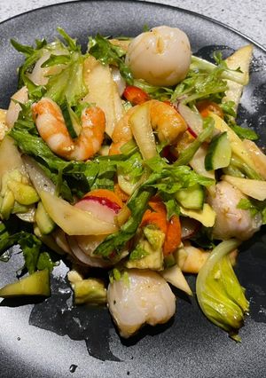 A picture of Prawn, litchi and blue cheese salad.