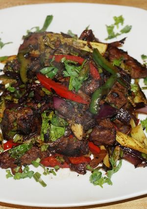 A picture of Sautéed Beef Liver with Vegetables.