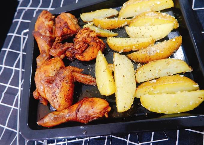 Cara bikin Honey Blackpepper Roasted Chicken w/ Potato Wedges