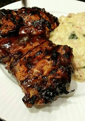 A picture of Brad's grilled chicken with blueberry chipotle bbq sauce.