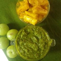 A picture of Mooli achar and amla chutney.