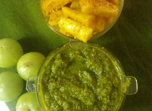 A picture of Mooli achar and amla chutney.