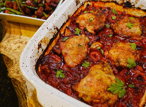 A picture of Spanish Style Chicken with Chorizo Green Beans.