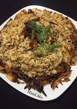 A picture of Mujadara (Rice with Lentils and Caramelized Onions).