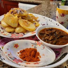 A picture of Potatoes and egg.