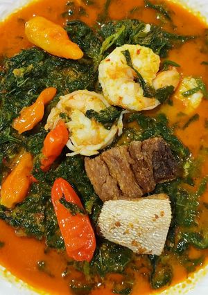 A picture of Curry cassava leaves with salted fish.