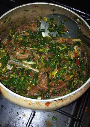 A picture of Water leaf and ugu soup.