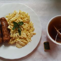 Sausage, Scrambled Eggs and Black Tea A picture of Sausage, Scrambled Eggs and Black Tea.