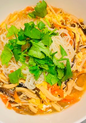 A picture of Hot and Sour Rice Noodle Soup (Vegetarian, with Egg).