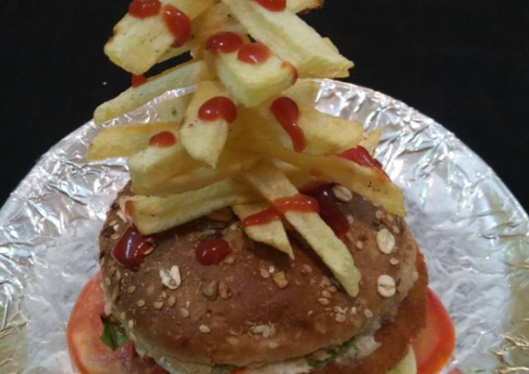 Veg Burger with French Fries Tower
