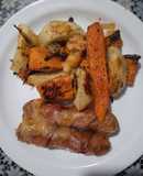 Panchos con panceta y papas y boniatos!