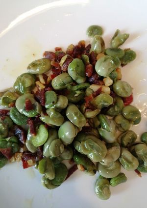 A picture of Salted broad beans with iberico ham #SeasonSupply.