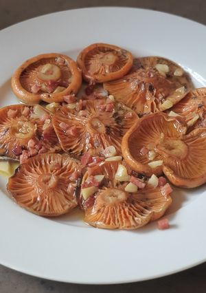 Una foto de Níscalos al ajillo con taquitos de jamón