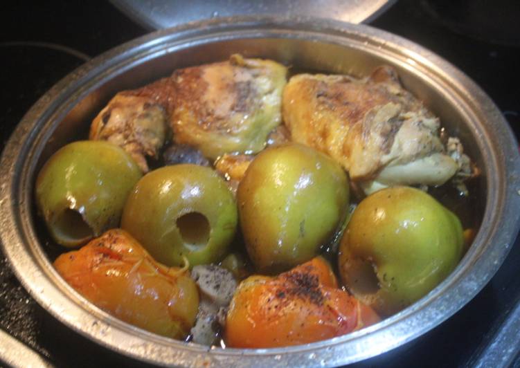 Contramuslos de pollo con peras y setas