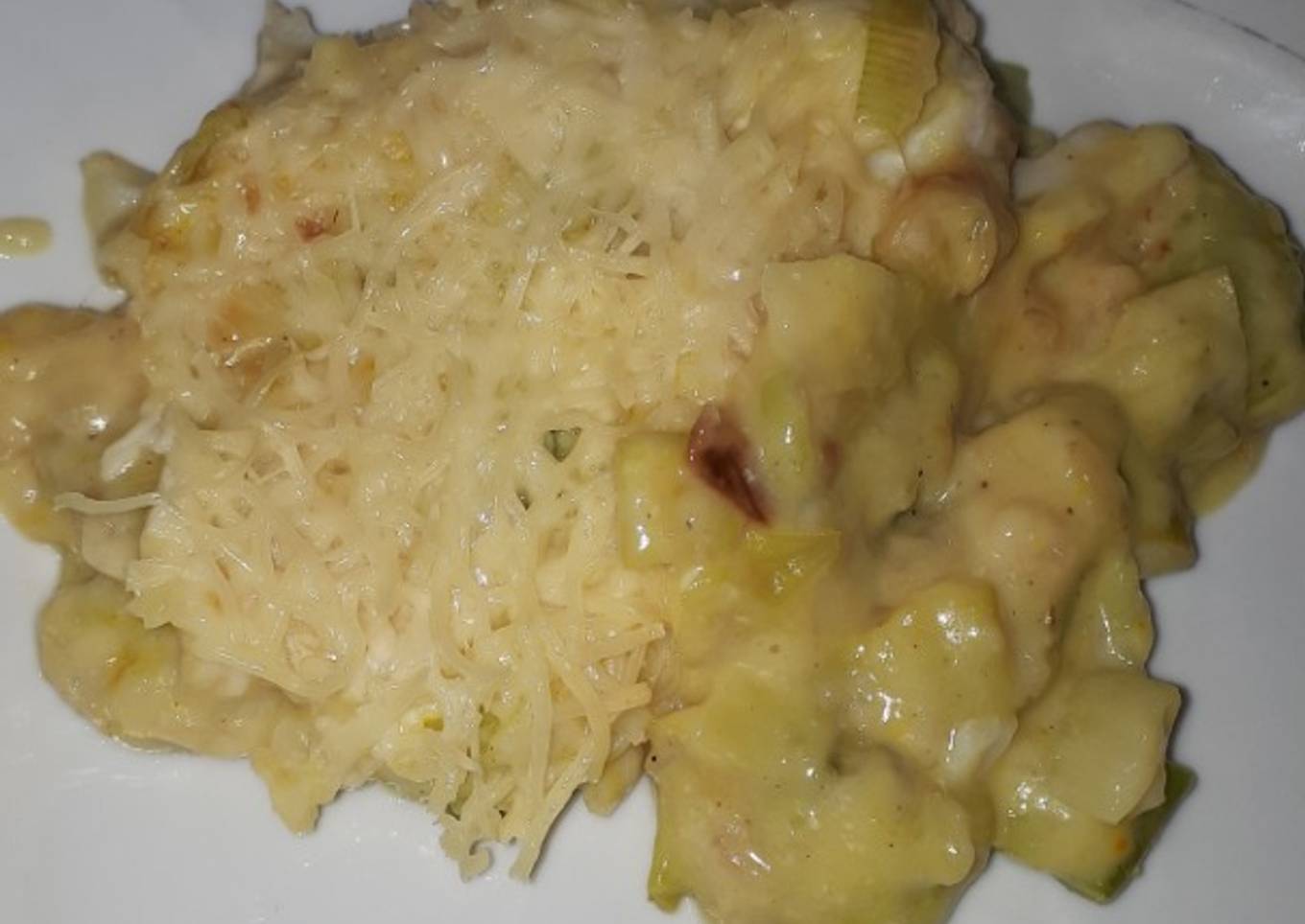 Gratiné de poisson, poireaux et moutarde