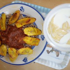 A picture of Beans,plantain and pap.