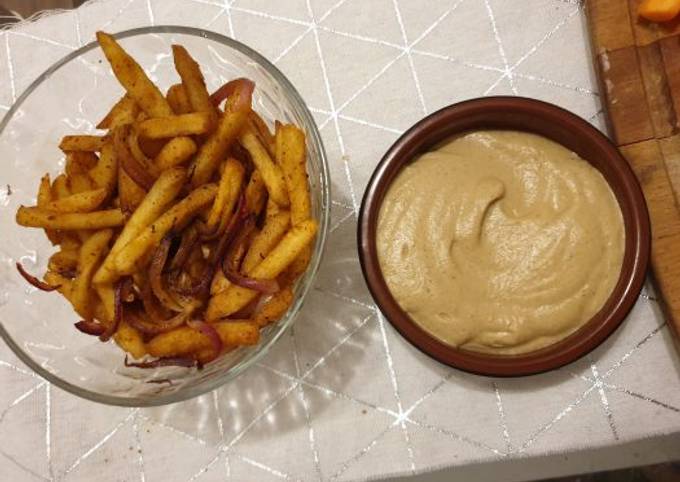 Baked Batata Harra fries with Baba Ganoush