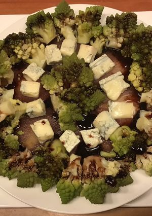 A picture of California Farm Romanesco Florets and Blue Cheese on Poached Pear.
