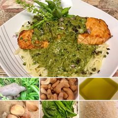 Grilled salmon with pesto on top of pasta A picture of Grilled salmon with pesto on top of pasta.