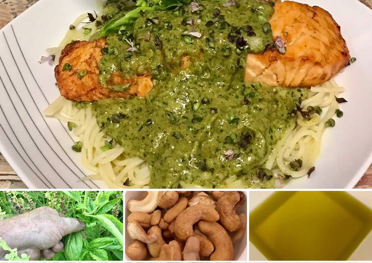 Grilled salmon with pesto on top of pasta Grilled salmon with pesto on top of pasta