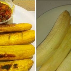 A picture of Roasted plantain with sauce.