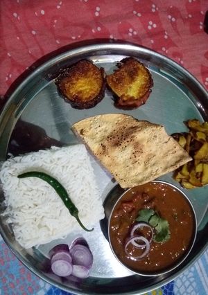 A picture of Rajma Chawal Baingan Fry Aloo Fry.