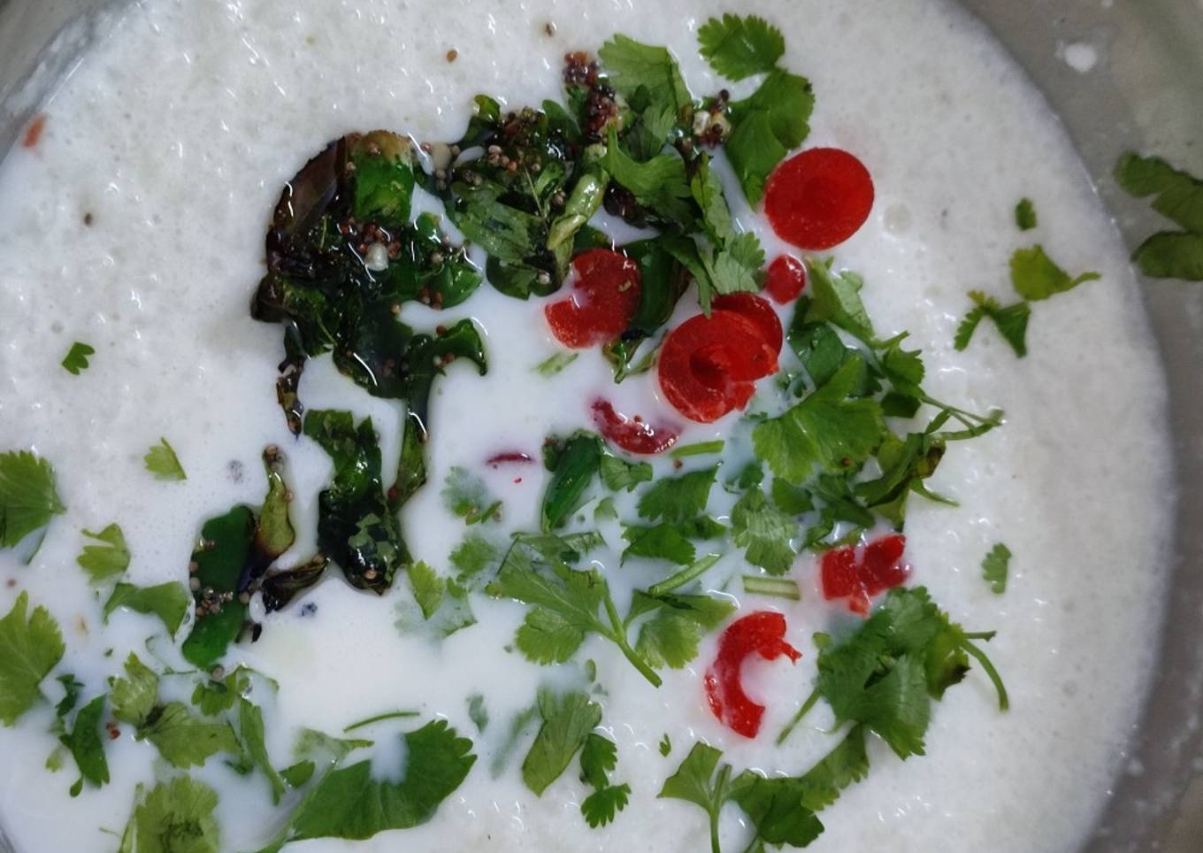 #TC#Curd Rice (curd(white),Cherry(Red)ccoriander(green)leaves