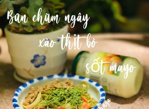 Hình của món Bún chùm ngây xào thịt bò sốt mayo.