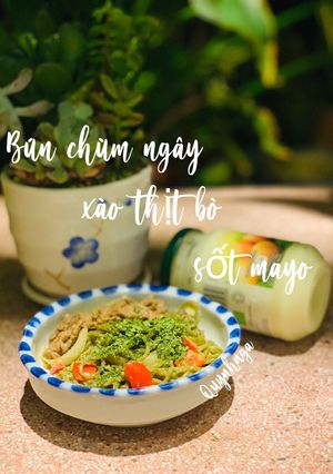 Hình của món Bún chùm ngây xào thịt bò sốt mayo.