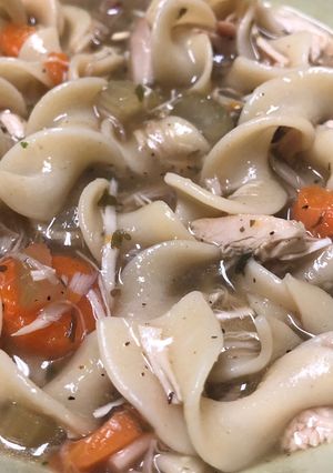 A picture of Heart healthy, get well soon chicken noodle soup.
