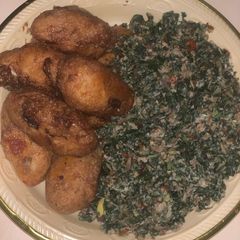 A picture of Yam ball and spinach.
