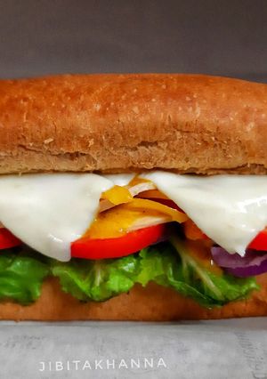 A picture of Homemade Chicken Salami sandwich in Subway style.