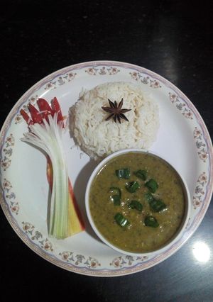 A picture of Chana sag with rice.