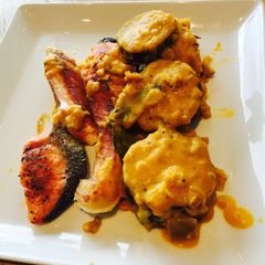 A picture of Pumpkin creamy sauce on sweet potato.