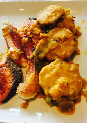 A picture of Pumpkin creamy sauce on sweet potato.