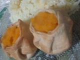Canastitas de calabaza y pollo, con arroz con queso