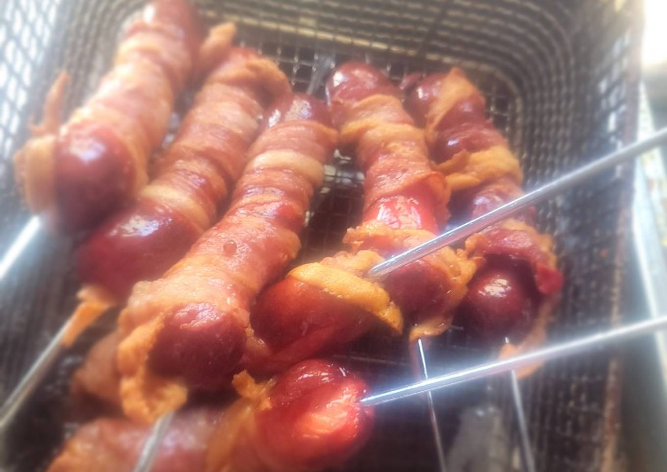 Deep-Fried, Bacon-Wrapped Hot Dogs on Skewers