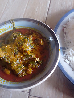 A picture of Banga stew with white rice.