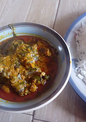 A picture of Banga stew with white rice.