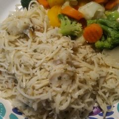 A picture of Poached Pollock and Pasta Parmesan.