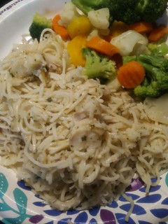 A picture of Poached Pollock and Pasta Parmesan.