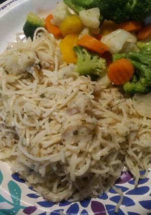 A picture of Poached Pollock and Pasta Parmesan.