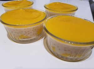 Une photo de Dessert lait de coco, mangue, perles du Japon (= perles tapioca)