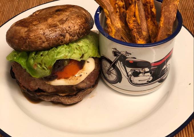 Venison burger in a portobello mushroom 