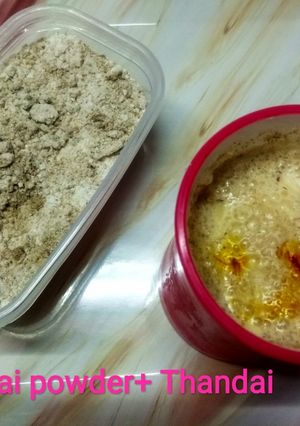 A picture of Thandai powder & thandai.