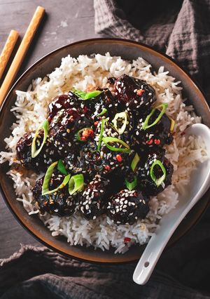 A picture of Cheats Sticky Hoisin Meatballs.